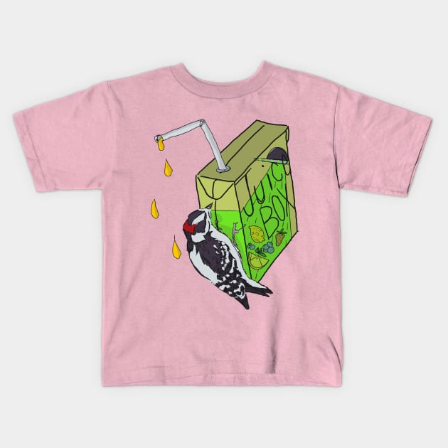 Juice Boxes and Downy Woodpeckers Kids T-Shirt by Animal Surrealism